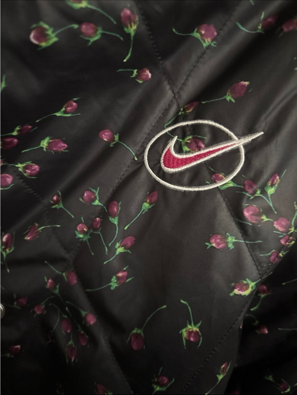 Nike Black Quilted Puffer Jacket with Pink Floral Print
